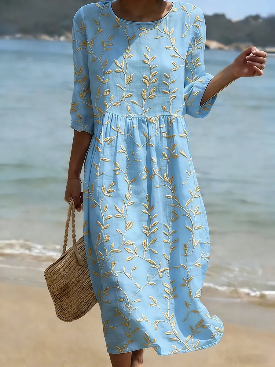 Natalie | Plant & Flower Print Round Neck Midi Dress Avery & Maren