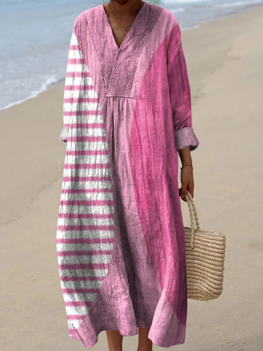 Women's Minimalist Abstract Dark Pink Circle Flamingo Pink Art Print Flowy Dress