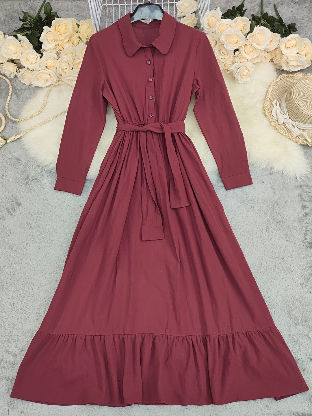 LN1604 Nieuwe Zomer Effen Kleur Puur Lange Mouw Knoopsluiting Kraag Vintage Vakantie Dames Lange Shirt Jurk