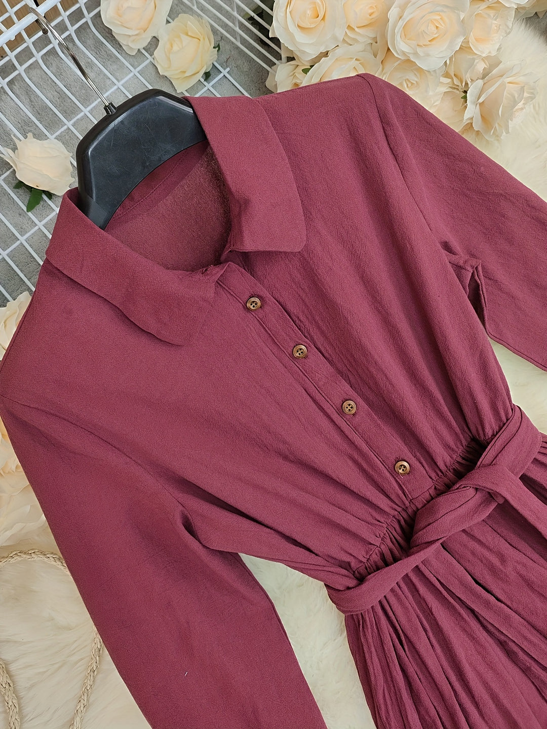 LN1604 Nieuwe Zomer Effen Kleur Puur Lange Mouw Knoopsluiting Kraag Vintage Vakantie Dames Lange Shirt Jurk