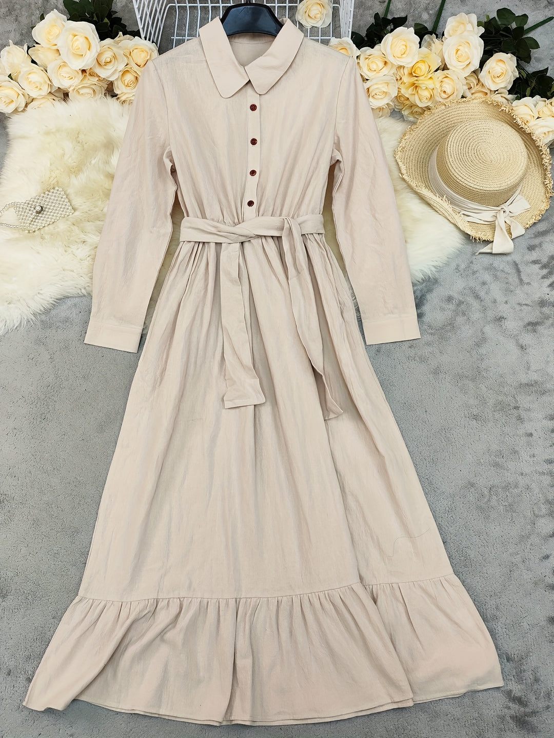 LN1604 Nieuwe Zomer Effen Kleur Puur Lange Mouw Knoopsluiting Kraag Vintage Vakantie Dames Lange Shirt Jurk