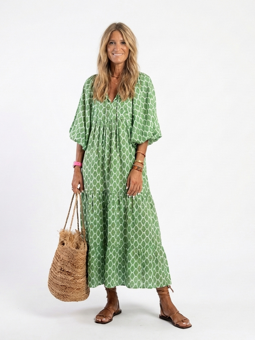 Apolline | Three Quarter Sleeve V Neck Patterned Midi Dress Local Neighbours Sedona
