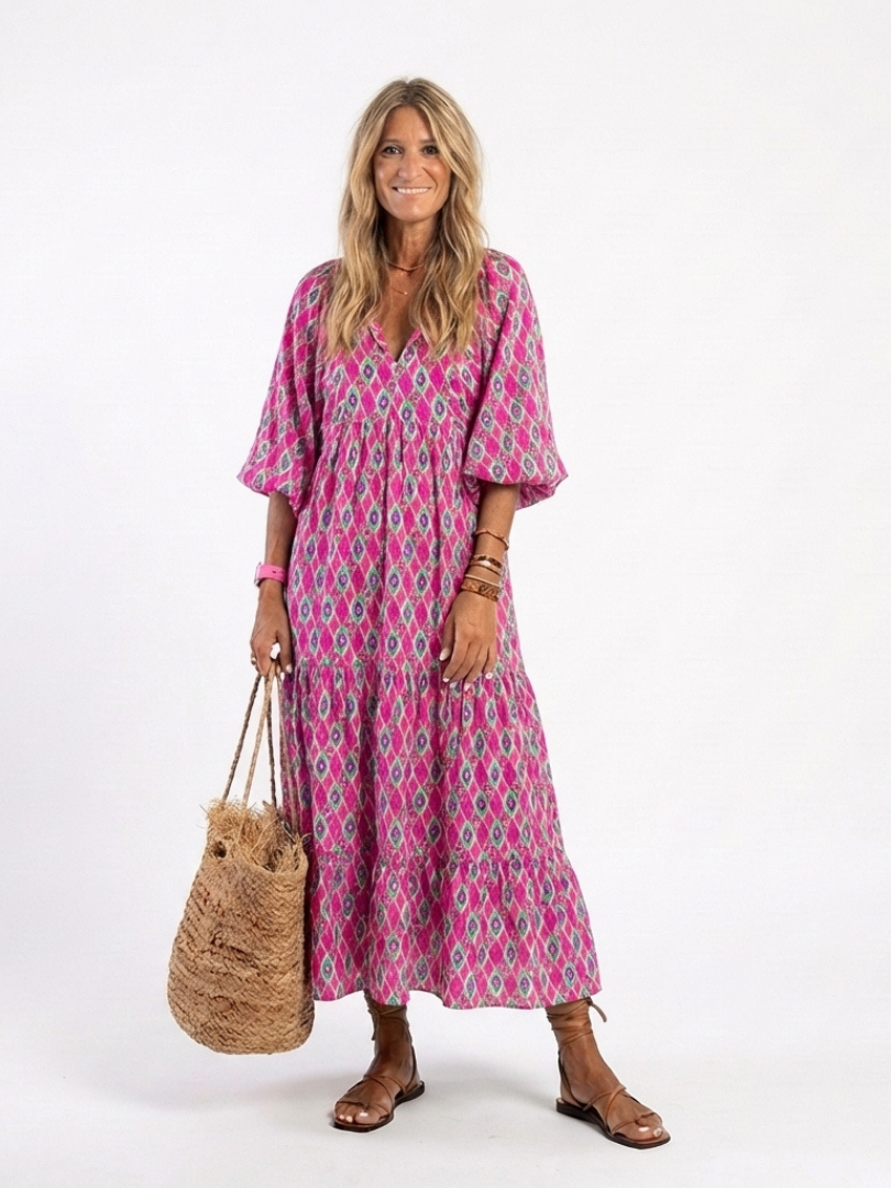 Apolline | Three Quarter Sleeve V Neck Patterned Midi Dress Local Neighbours Sedona