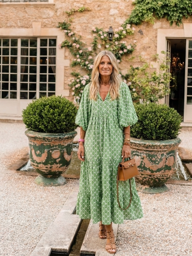Apolline | Three Quarter Sleeve V Neck Patterned Midi Dress Local Neighbours Sedona