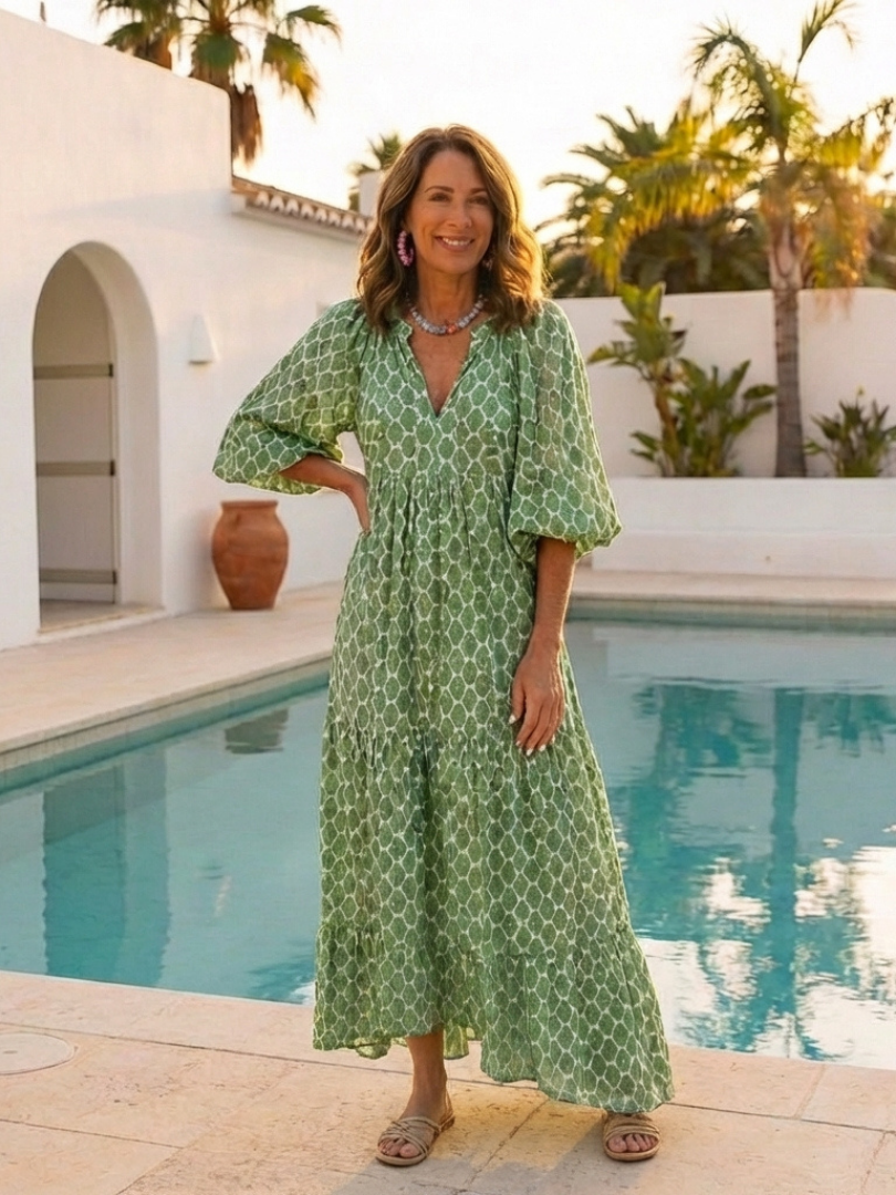 Apolline | Three Quarter Sleeve V Neck Patterned Midi Dress Local Neighbours Sedona