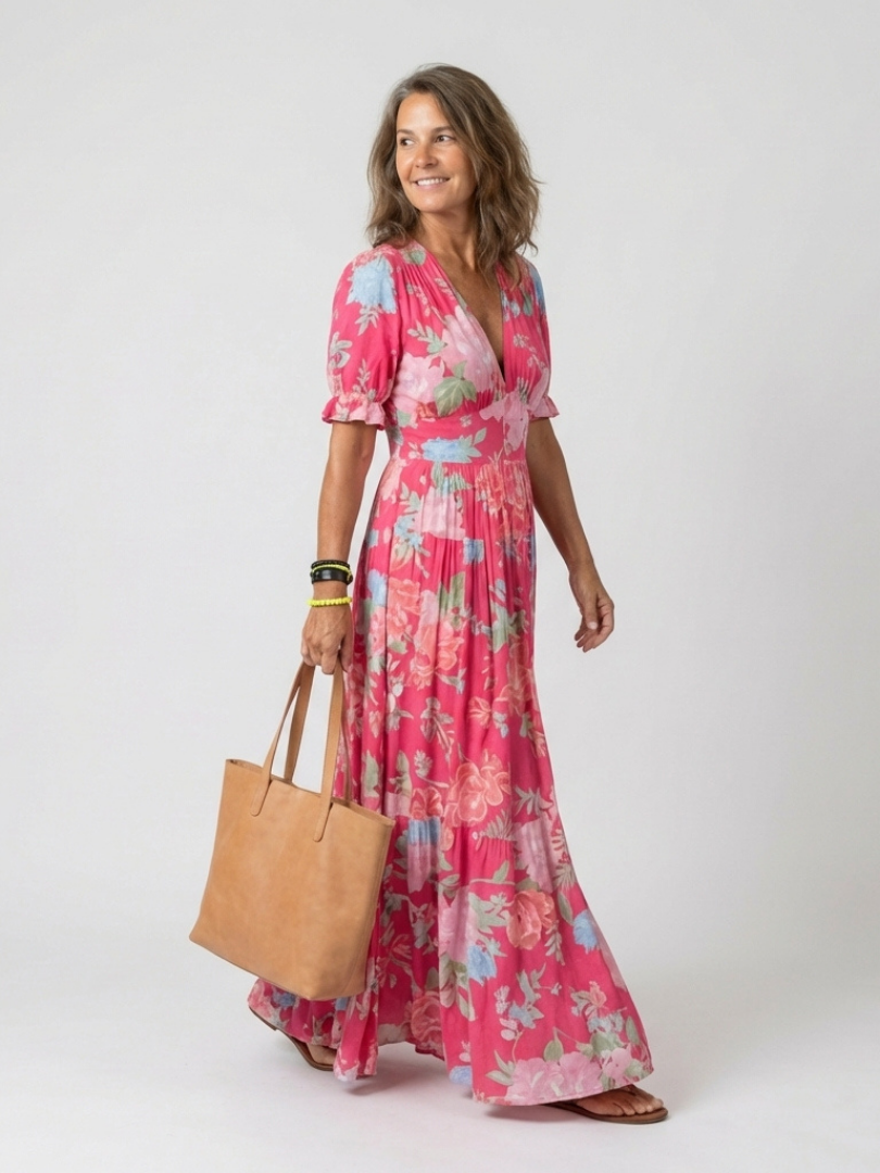 Ione | Short Sleeve V Neck Floral Midi Dress Local Neighbours Sedona
