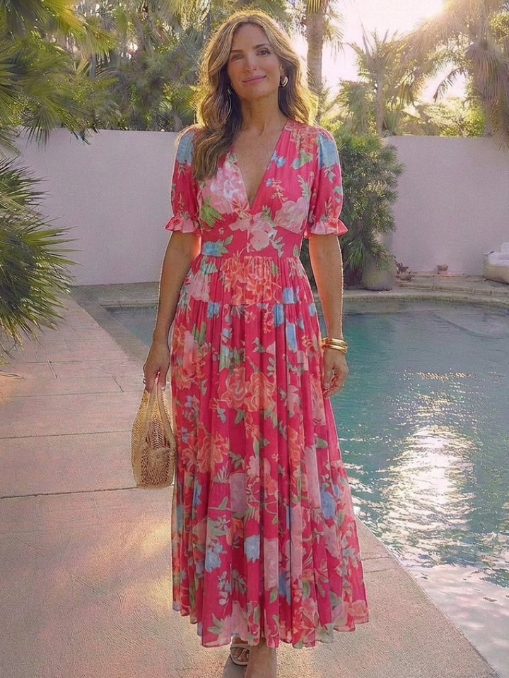 Ione | Short Sleeve V Neck Floral Midi Dress Local Neighbours Sedona