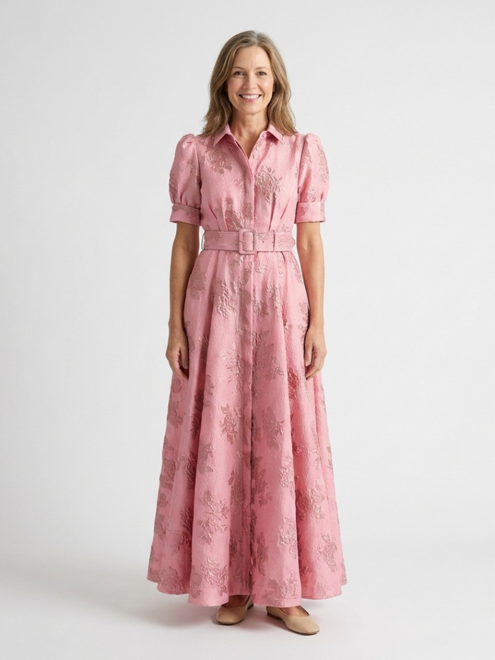 Xanthea | Short Sleeve Belted Floral Textured Maxi Shirt Dress Local Neighbours Sedona