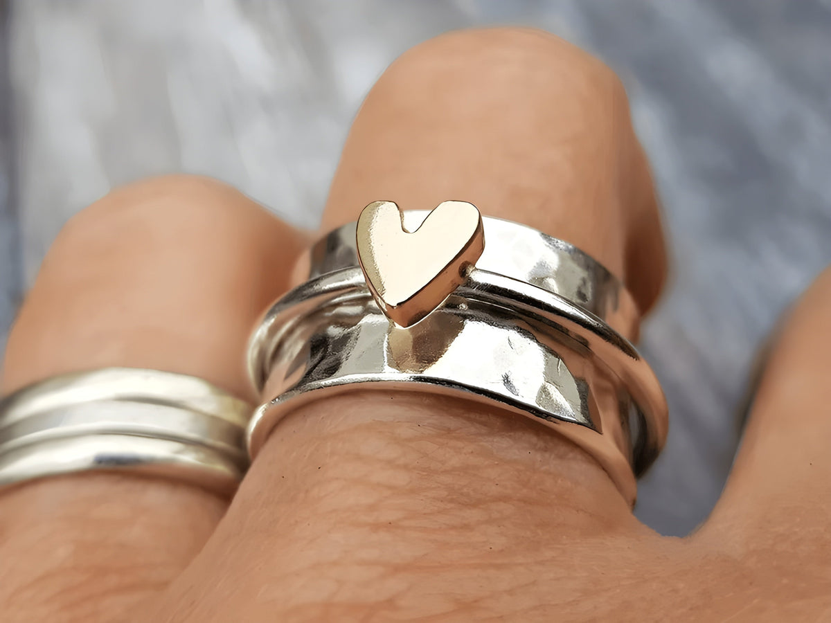 Golden Heart Silver Ring