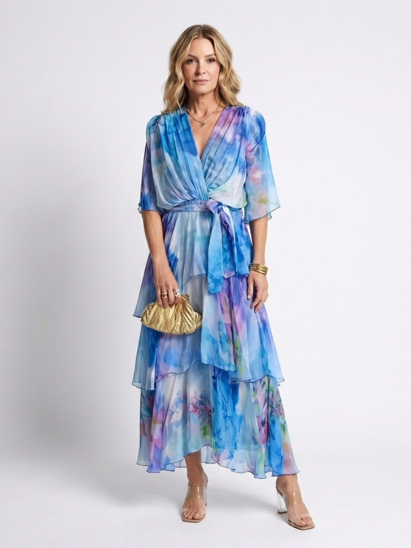 Calista | Sheer Layered V Neck Tie Waist Maxi Dress Local Neighbours Sedona