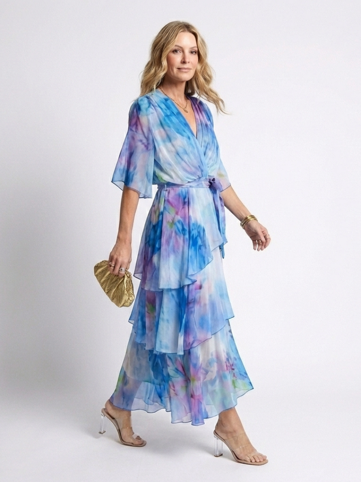 Calista | Sheer Layered V Neck Tie Waist Maxi Dress Local Neighbours Sedona