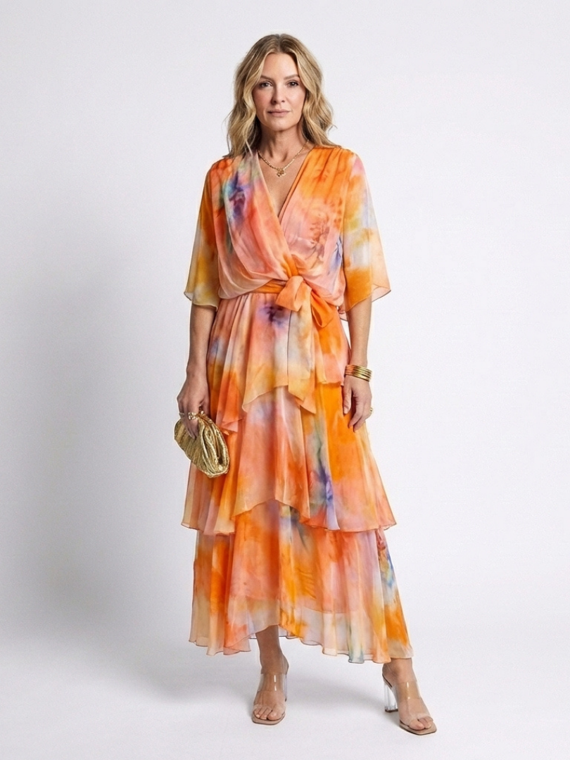 Calista | Sheer Layered V Neck Tie Waist Maxi Dress Local Neighbours Sedona