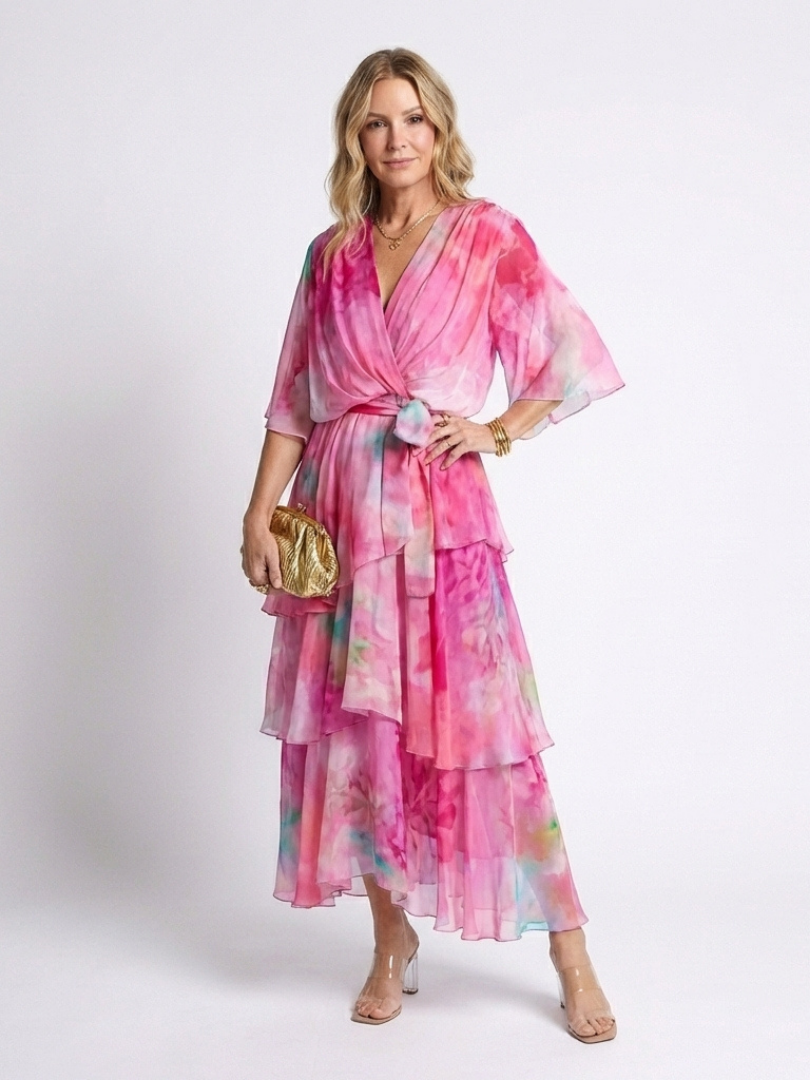 Calista | Sheer Layered V Neck Tie Waist Maxi Dress Local Neighbours Sedona