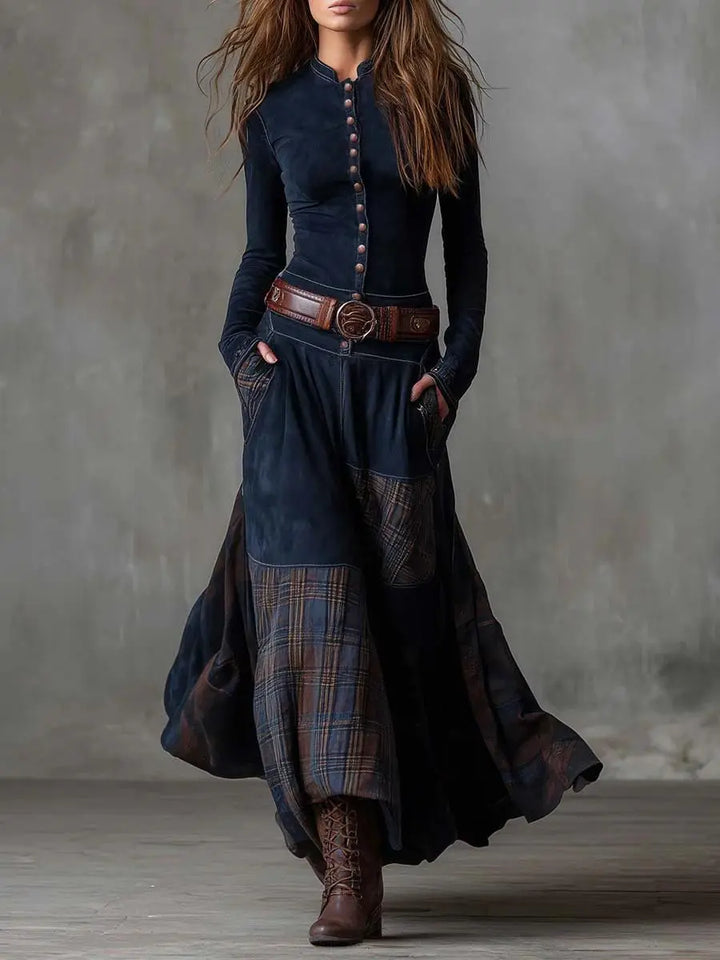 Leonora | Vintage Long Dress in Navy Blue Suede Check (Includes Belt) Clara Monroe