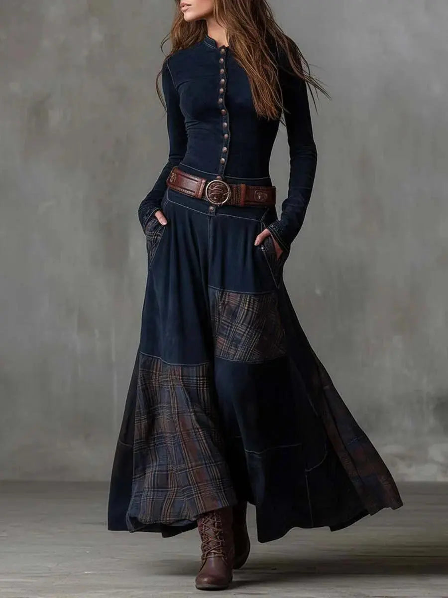 Leonora | Vintage Long Dress in Navy Blue Suede Check (Includes Belt) Clara Monroe