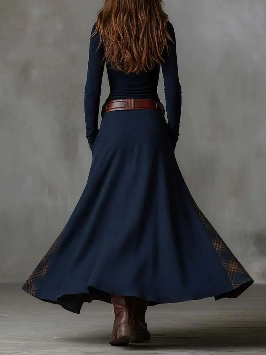 Leonora | Vintage Long Dress in Navy Blue Suede Check (Includes Belt) Clara Monroe