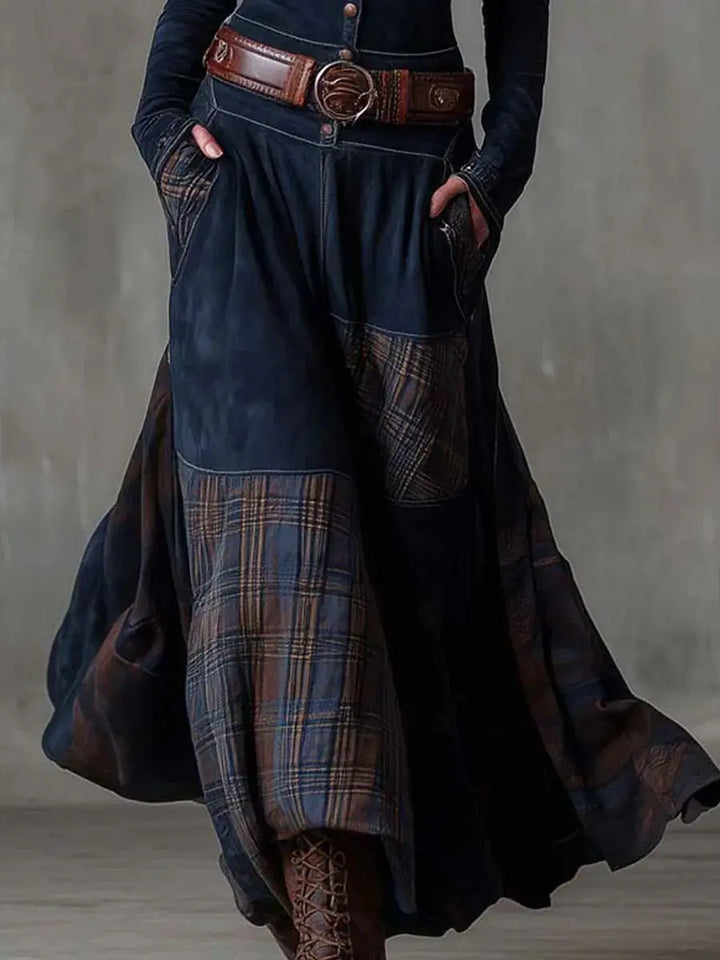 Leonora | Vintage Long Dress in Navy Blue Suede Check (Includes Belt) Clara Monroe