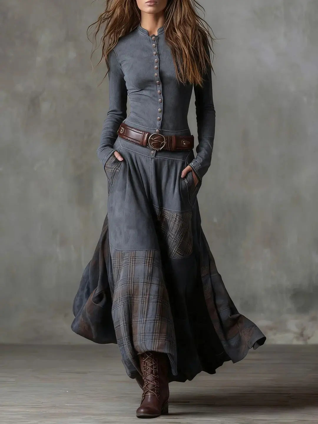 Leonora | Vintage Long Dress in Navy Blue Suede Check (Includes Belt) Clara Monroe