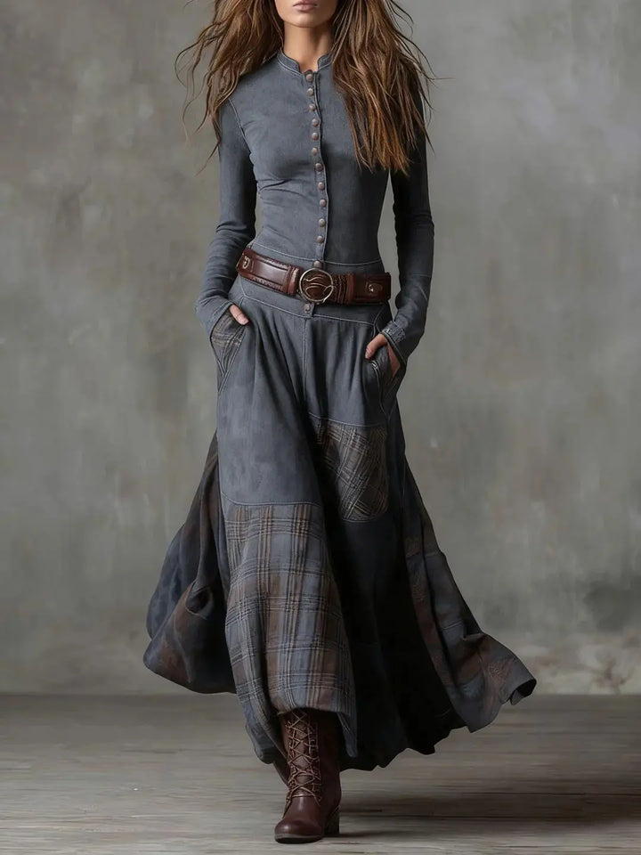 Leonora | Vintage Long Dress in Navy Blue Suede Check (Includes Belt) Clara Monroe