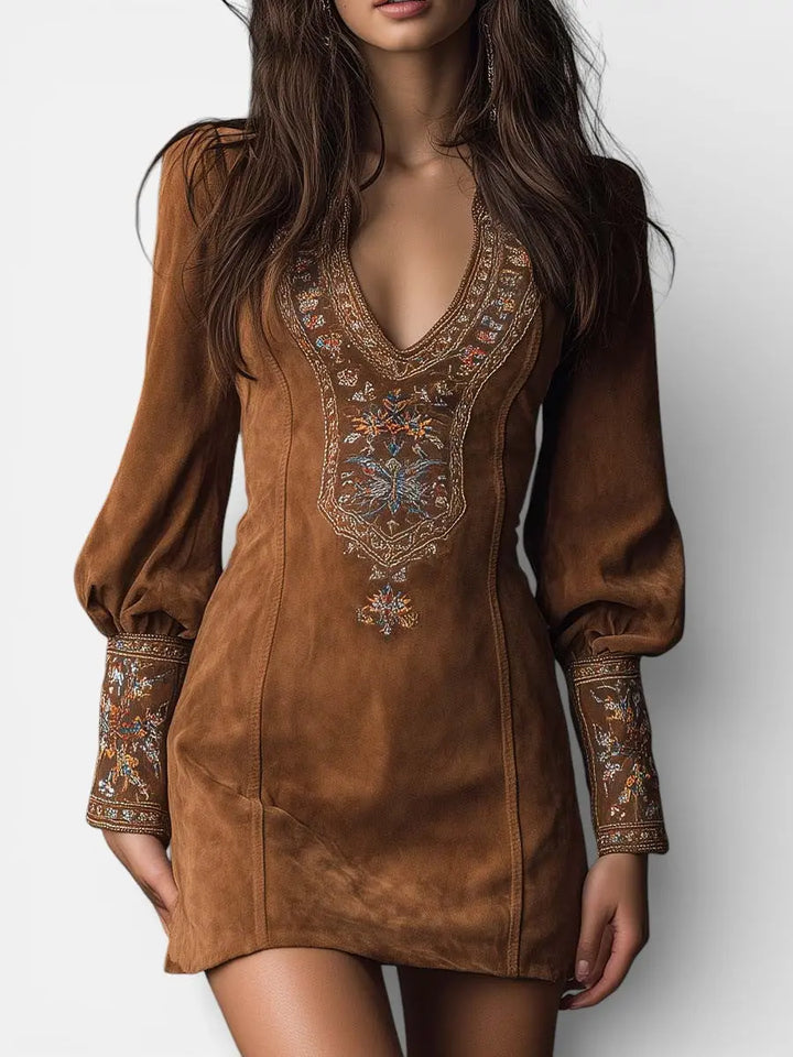 Lunori™ | Embroidered Mini Suede Dress Clara Monroe