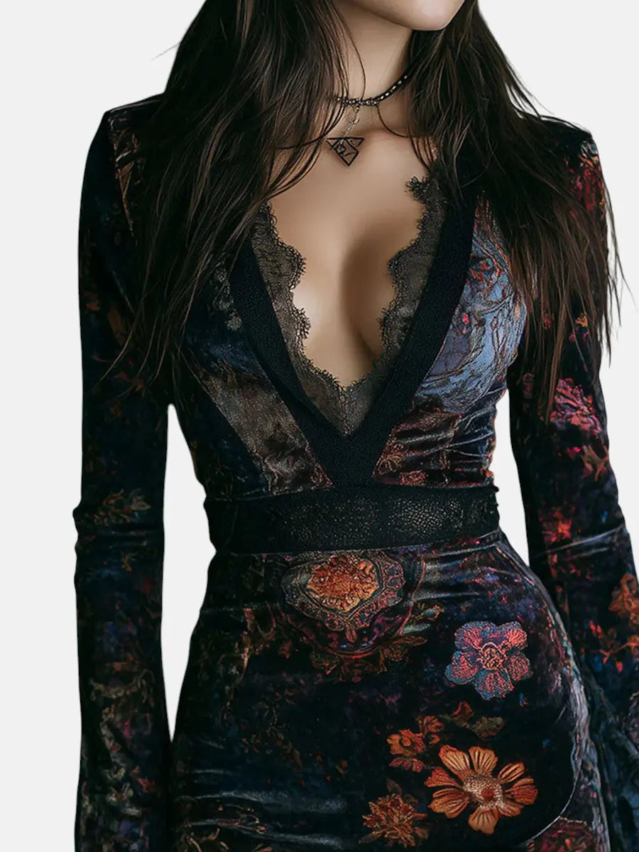 Liora ❘ Mini Velvet Floral Dress with Lace Clara Monroe