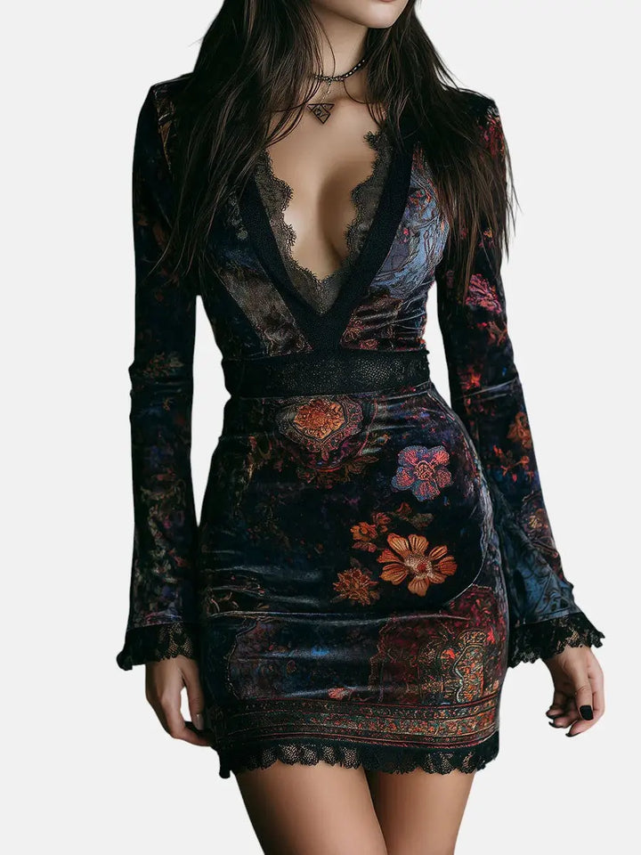 Liora ❘ Mini Velvet Floral Dress with Lace Clara Monroe