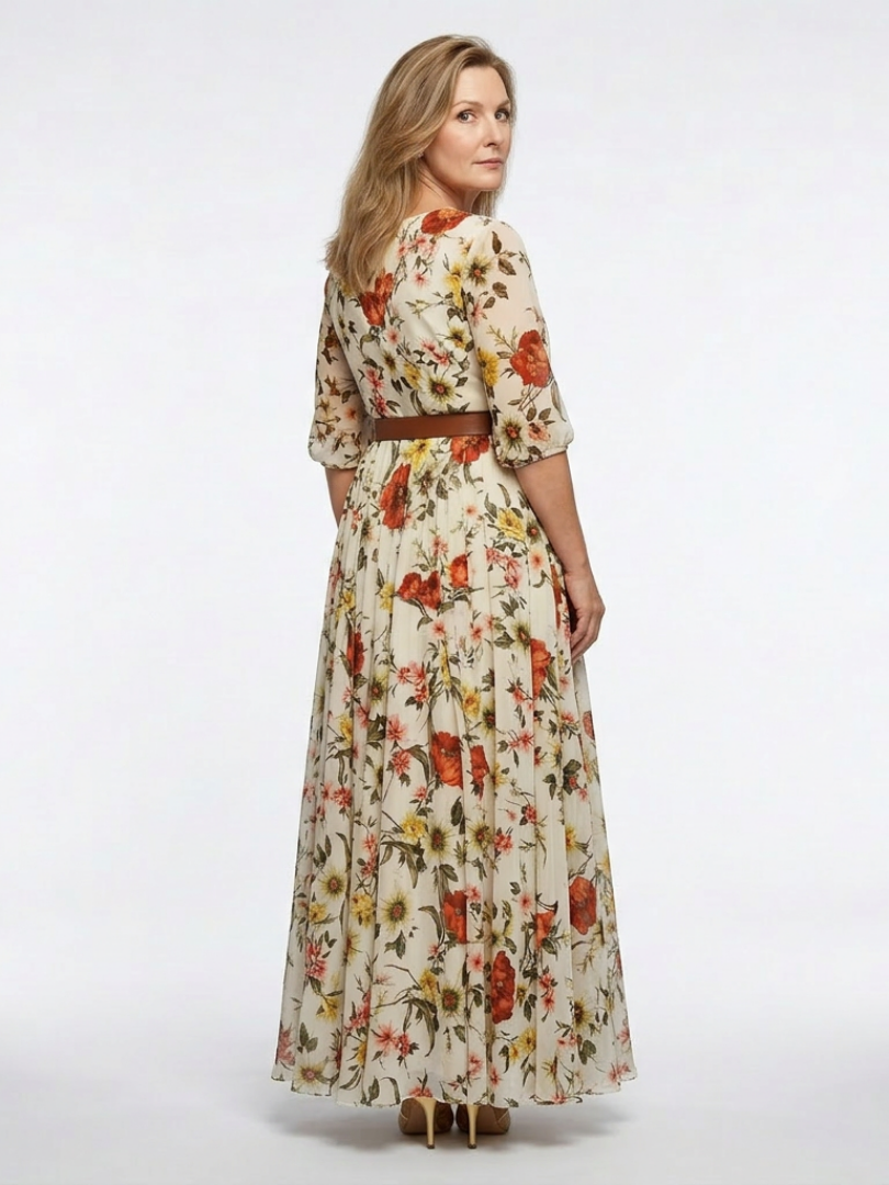 Odelia | Round Neck Three Quarter Sleeve Belted Maxi Dress Local Neighbours Sedona