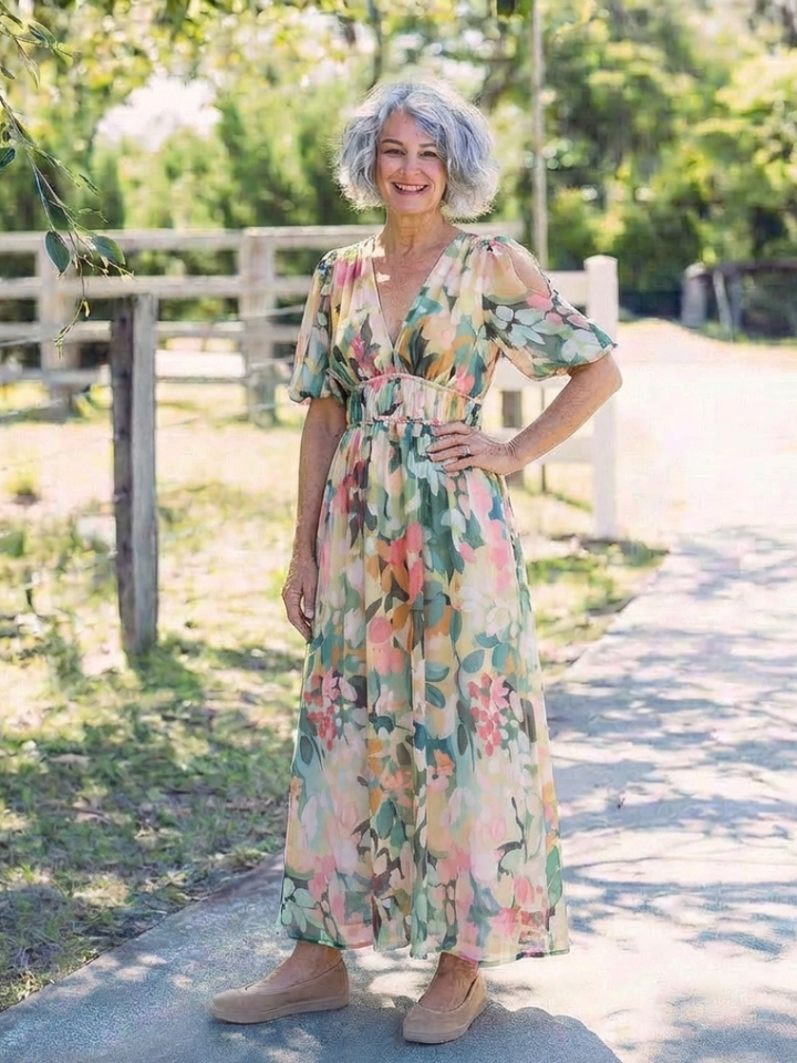 Eulalie | V Neck Short Sleeve Gathered Waist Midi Dress Local Neighbours Sedona